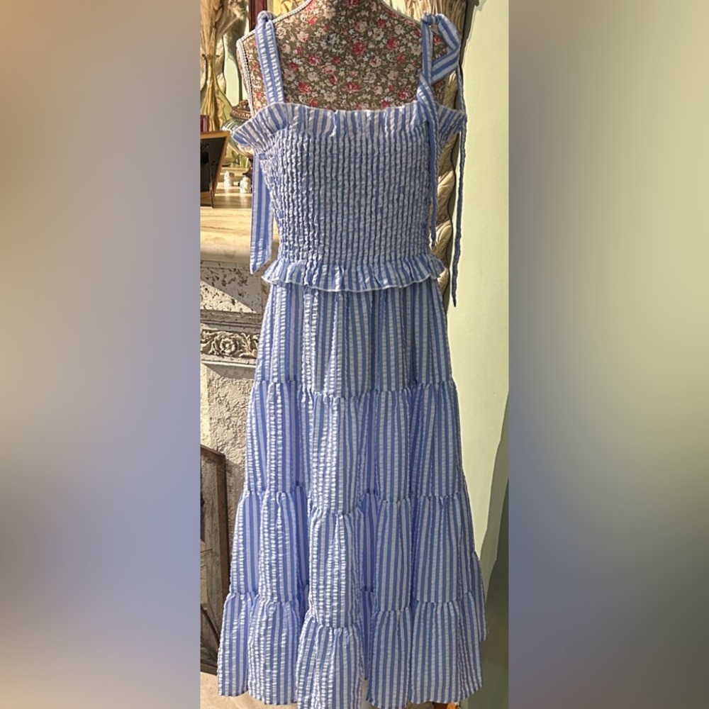 Joyfunear Knotted Shoulder Shirred Striped Cami Dress size L - Picture 4 of 8